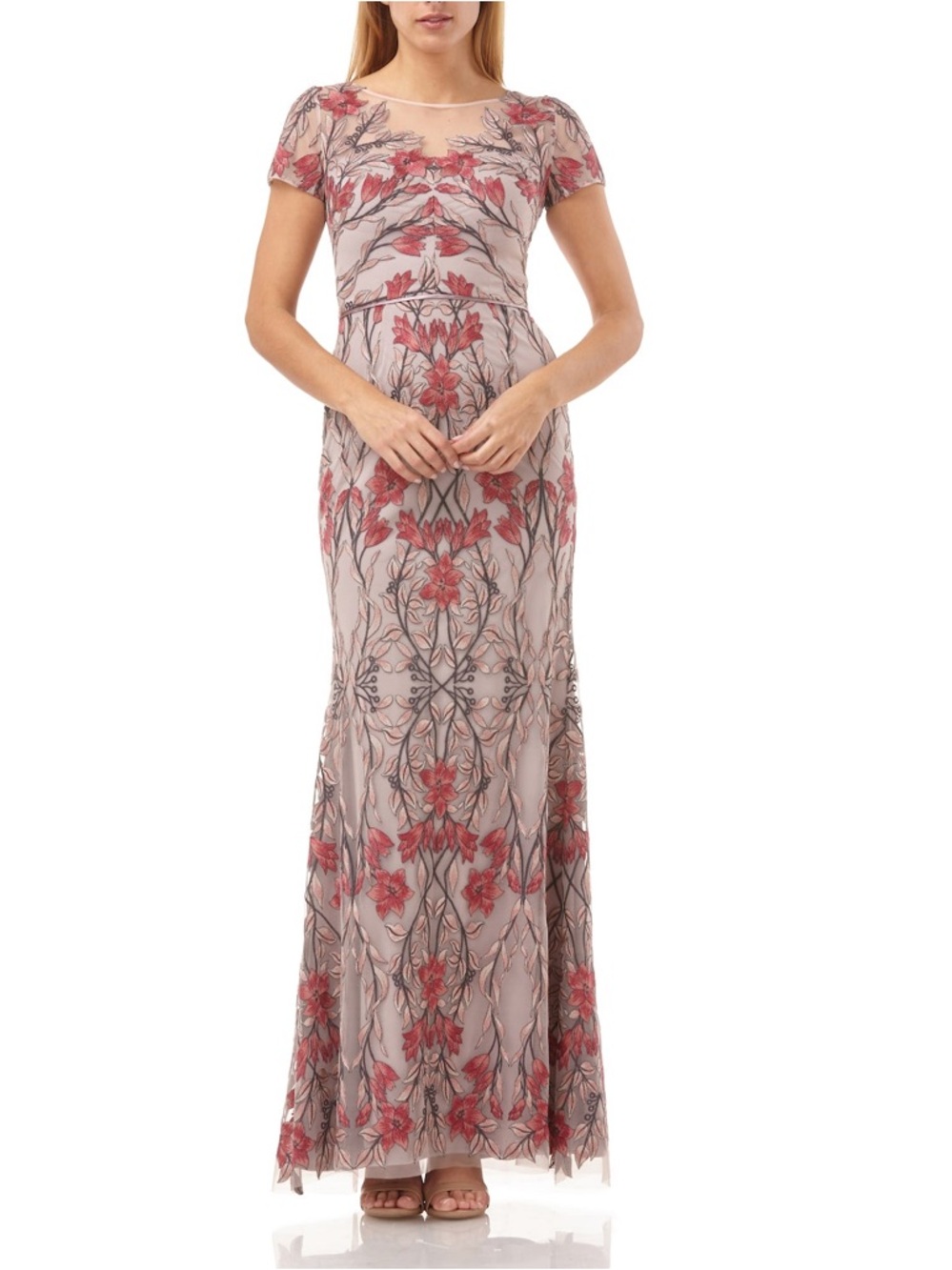 JS Collections Womens Deep V Embroidered Floral Gown Red Pink Dress Formal Sz 10